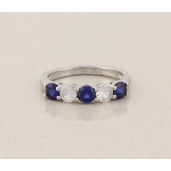 Sterling Silver Lab Created Blue and White Sapphire Band Ring Size 7 - Picture 1 of 7